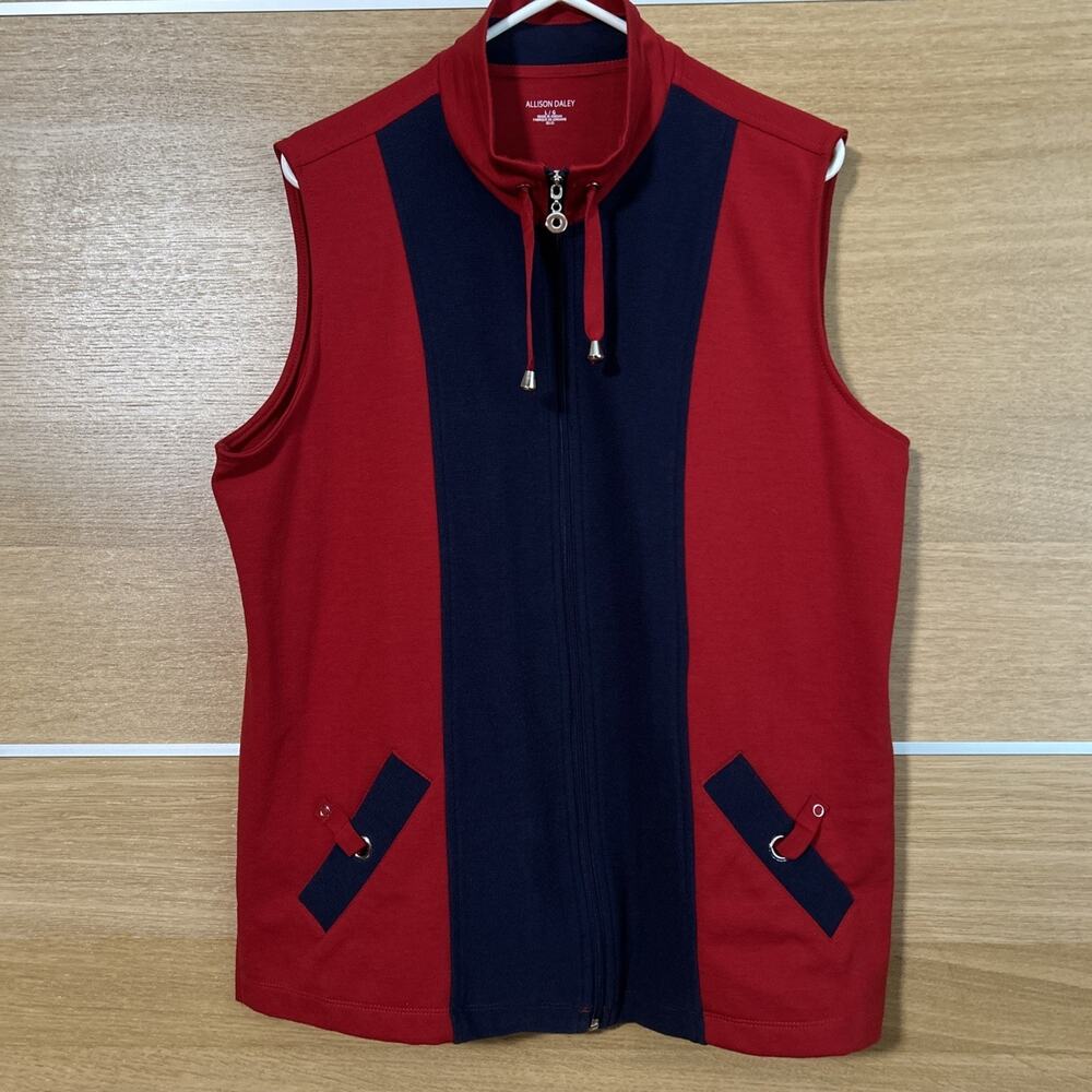 Allison Daley Women's Size Large Knit Vest Full Zip Red & Blue Dressy Sporty
